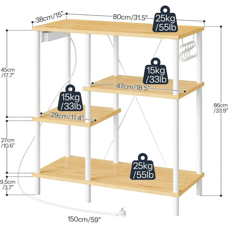 Hoobro Küchenregal Standregal mit Steckdosen, Bäckerregal mit 5 S-Haken, Mikrowellen-Regal, 38 x 80 x 86 cm – Bild 2