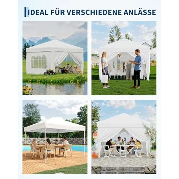 Faltpavillon 3x3 m wasserdicht stabil mit 4 Seitenwänden – Pop up Pavillon faltbar aus 420D Oxford, UV-Schutz 50+, 3-Fach höhenverstellbar, Partyzelt mit Tragetasche für Garten & Outdoor (Weiß) – Bild 3