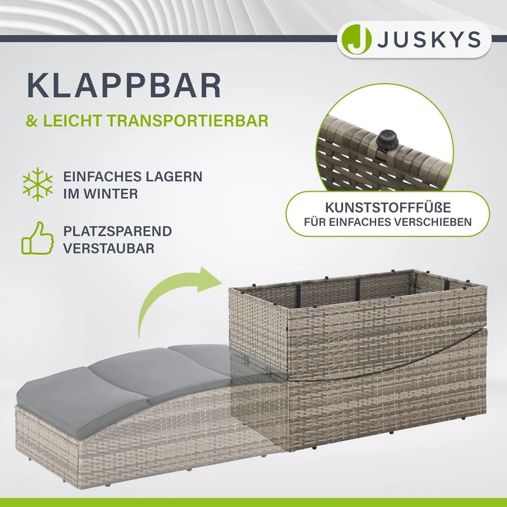 Juskys 'Lamia' Sonnenliege mit Auflage, klappbar, Kopfteil verstellbar, Polyrattan grau, 200 x 60 x 40 cm – Bild 7