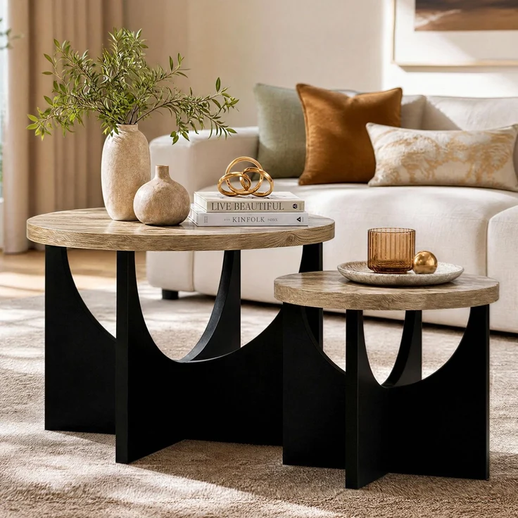 IRONCK Beistelltisch Set Rund, Satztische 2er Set, Couchtisch, Eiche | Dieses 2er-Set Satztische bietet flexible Nutzung: Der höhere Tisch dient als Couchtisch, der niedrigere als Beistelltisch