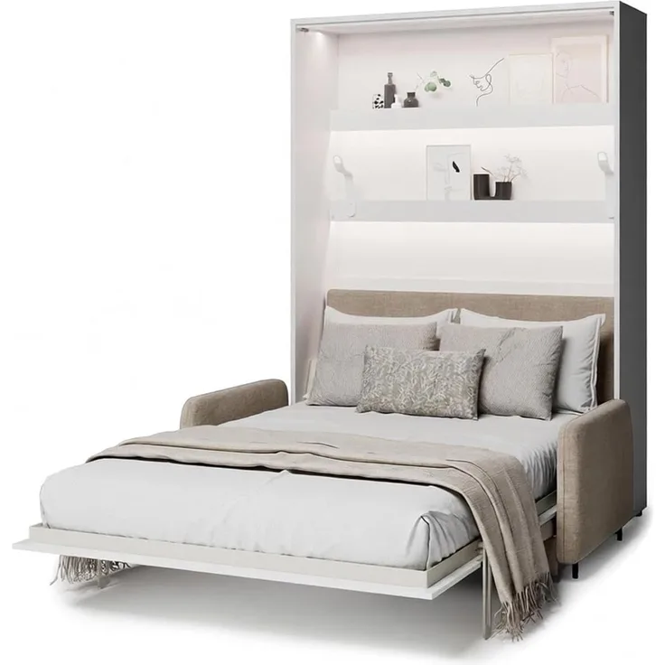 MEBLINI Elektrisches Schrankbett BC-36 - 140x200cm Vertikal - Weiß Matt - Sofa und Kopfteil Beige - Wandbett mit Lattenrost, Matratze, Sofa und Kopfteil - Wandklappbett