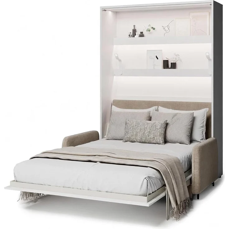 MEBLINI Elektrisches Schrankbett BC-36 - 140x200cm Vertikal - Weiß Matt - Sofa und Kopfteil Beige - Wandbett mit Lattenrost, Matratze, Sofa und Kopfteil - Wandklappbett – Bild 1
