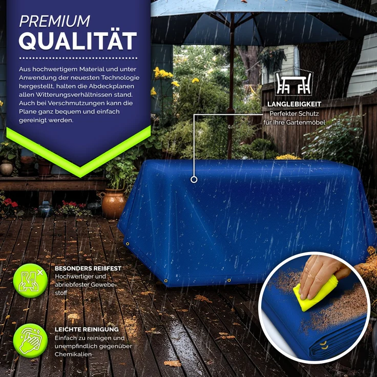 tillvex® Abdeckplane Blau 3x5 m mit Ösen + 10 Haken & 15m Seil | Gewebeplane 650g/m² Wasserdicht & Reißfest | Premium PVC-Plane Universell LKW, Pool, Holz Gartenmöbel | Gartenplane Abdeckung – Bild 5