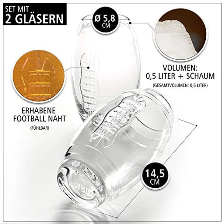40YARDS Bierglas American Football Glas (2er Set) mit erhabener Football Naht (600 ml), 2-tlg, 100% Glas, erhabene, fühlbare Naht – Bild 6
