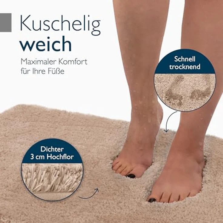Beautissu Badematte BeauMare FL, rutschfester Hochflor Badteppich in Natur, 60x50 cm, 30 mm Höhe, waschbar, Shaggy Optik – Bild 4
