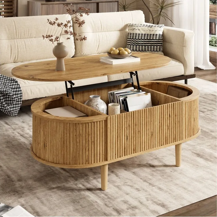 HAUSS SPOLE Couchtisch Couchtisch mit höhenverstellbar Beistelltisch Sofatisch Wellenoptik (Ovaler Wohnzimmertisch mit höhenverstellbarer Tischplatte), Moderner Kaffeetisch Holzoptik mit MDF Korpus Konstruktion