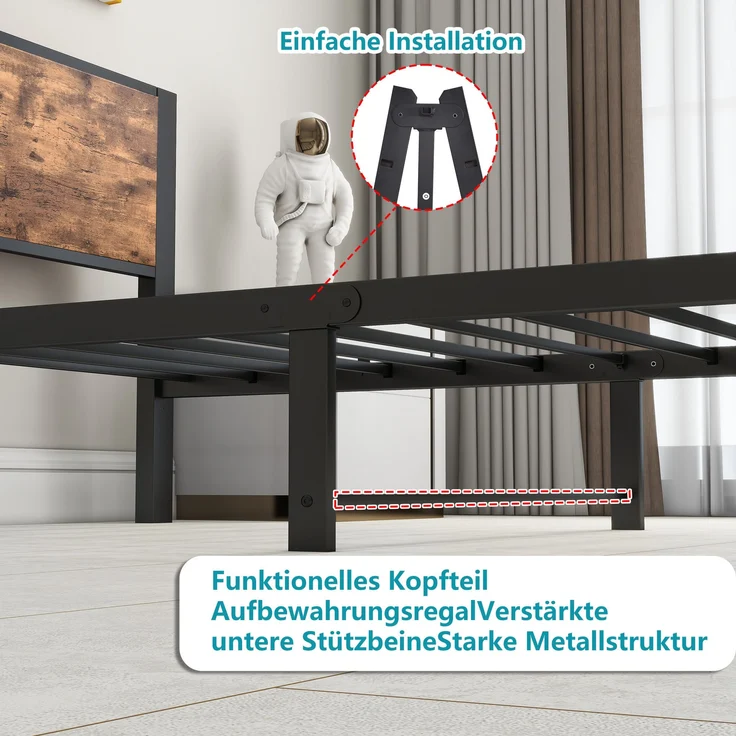 Bett 90x200 cm mit Stauraum – Einzelbettgestell aus MDF und Metall in Antique brown – Bild 5