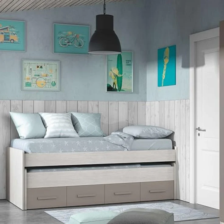 Dmora - Kinderbett Spokane, Bettgestell für Schlafzimmer, Einzelbett mit ausziehbarem Bett und 4 Schubladen, 198 x 96 x 69 cm, Weiß und Braun – Bild 3