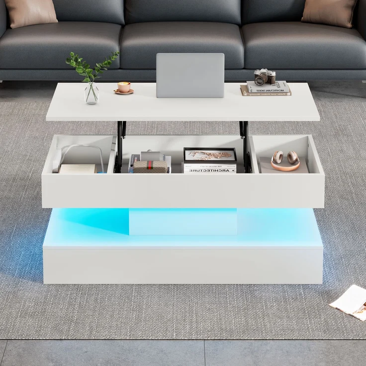 Couchtisch mit LED-Beleuchtung, Höhenverstellung & Steckdose 100x50x42 cm Weiß – Bild 1