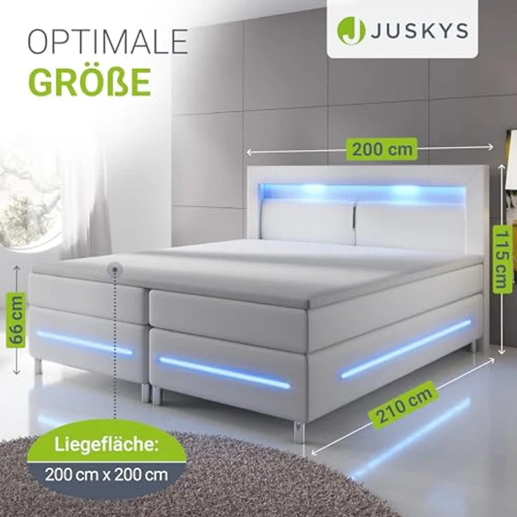 Juskys Norfolk Boxbett, Weiß, 200x200 cm, mit LED-Beleuchtung, zwei Bonell Federkernmatratzen und Topper, ideales Doppelbett für angenehmen Schlaf – Bild 2