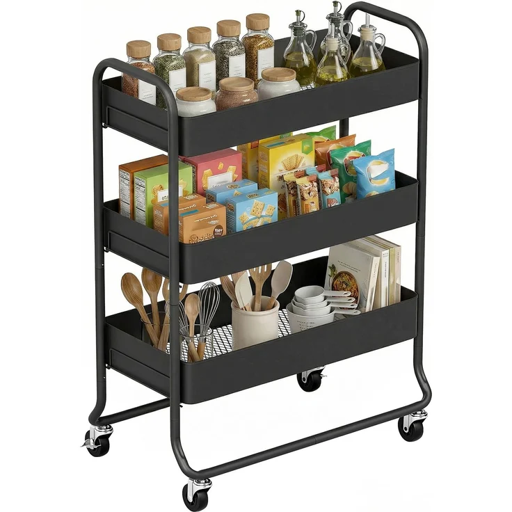 MELAYR, Küchenwagen, 3 Körbe, 4 Rollen, Metall, Schwarz, 64.5 x 34 x 87 cm – Bild 1