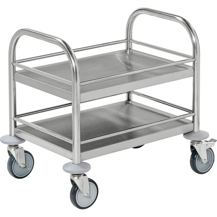 Kongamek kleiner Edelstahl- Tischwagen rostfrei mit 2 Böden 495x515mm mit Umrandung und Bremse