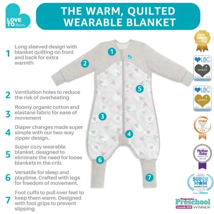Love To Dream Gesteppter Schlafanzug warm mit Beinen, 24–36 Monate Oliv, 2,5 Tog (16–20 °C) Langarm & Steppdecke, maschinenwaschbare Baumwolle für Bewegung mit Anti-Rutsch-Pads, Von Hebammen empfohlen – Bild 4