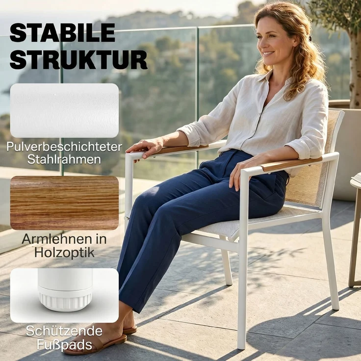 Wohnora-Gartenmöbel Set Sitzgruppe für 4 Personen Atmungsaktiv Gartenlounge mit 2er Sofa 2 Sessel Metall-Tisch Fußpads,H 77cm x T 106cm x B 705cm,Cremeweiß – Bild 3