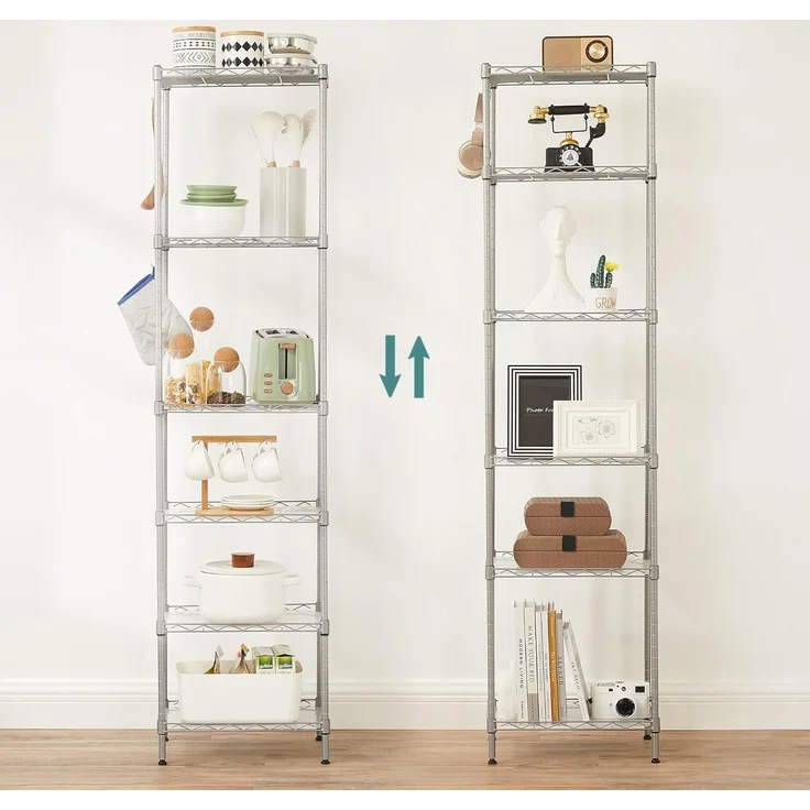 Songmics Küchenregal mit 6 Ebenen, Metallregal, Standregal, höhenverstellbare Gitterablage, mit PP-Kunststoffplatten, 8 S-Haken, für Küche, Wohnzimmer, bis zu 120 kg belastbar, silbern LGR116E01 – Bild 7