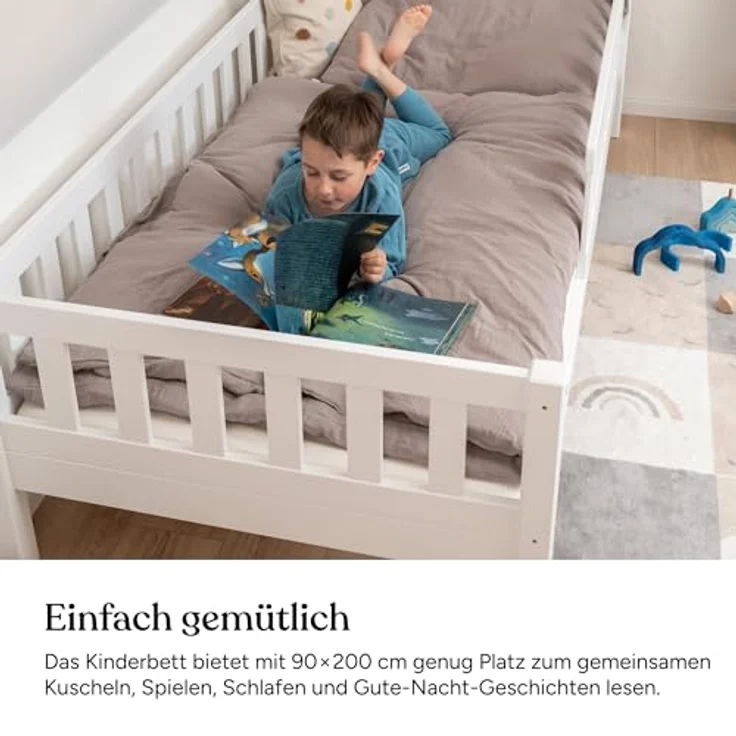 Ehrenkind Kinderbett mit Rausfallschutz aus massivem Kieferholz, Kinderbett 90x200 cm (zeitlos, hochwertig und auch für ältere Kinder geeignet, aus FSC zertifiziertem Holz), Jugendbett, Kinderbett mit Rausfallschutz – Bild 3