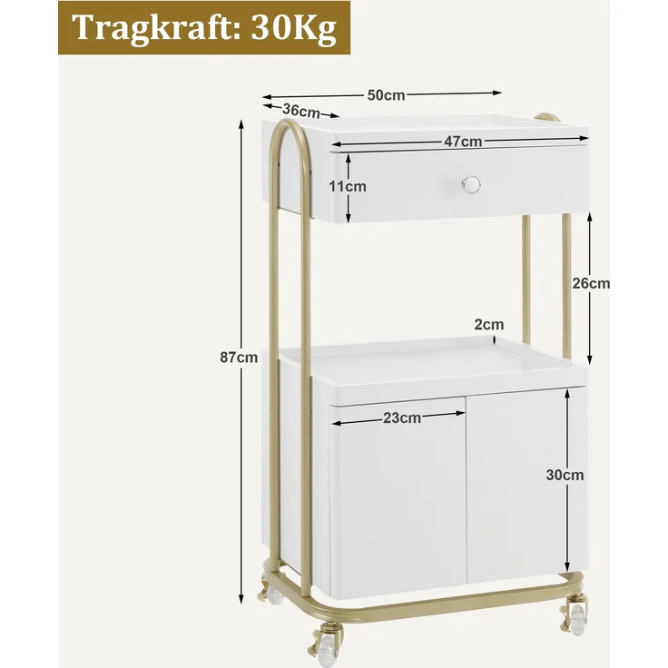 M MCombo Servierwagen mit Rollen & Schublade, Rollwagen Friseurwagen Weiß-Gold, Salon Trolley mit 2 Ablagen und Schrank, 0086 – Bild 3