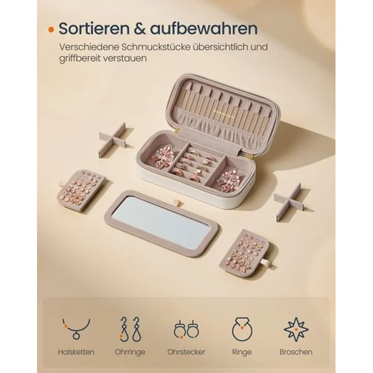 SONGMICS HOME ANAH Kollektion - Schmuckkästchen Reise, Schmuckkasten klein Schmuckaufbewahrung mit Spiegel, PU mit Nähten, Reißverschluss, Geschenkidee, wolkenweiß – Bild 3