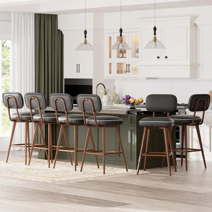 MALOL 360° Drehbarer Barhocker, Leder Bar Hocker 6er Set mit Rückenlehne, StilErgonomischer Barhocker mit Fußstütze, Moderner Küchenhocker mit Metallbeine für Theke, Bar, Esszimmer, Schwarz