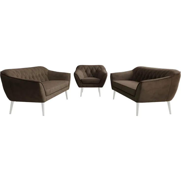 Wohnzimmerset, Möbelset PIRS 3-3-1, Armlehnen, Wellenfederung, weiße Füße, Dreisitzer Sofas mit Sessel, Polstermöbel Set - Braun Velvet – Bild 7