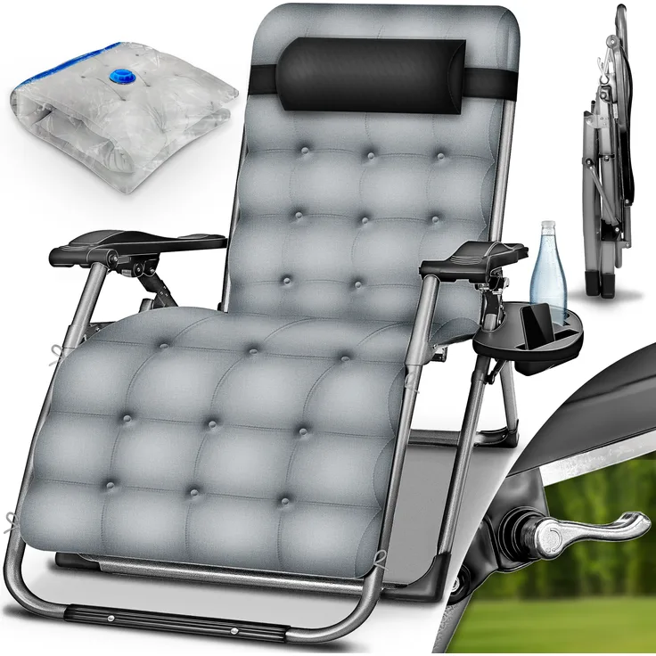 tillvex® Liegestuhl klappbar bis 200 kg, grau | wetterfeste Sonnenliege für Balkon, Garten & Terrasse | verstellbare Outdoor Liege mit dickem Polster, Nackenkissen, Getränkehalter & Auflage