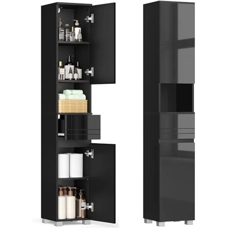 VASAGLE Badezimmerschrank, Badschrank, Badezimmermöbel mit Einer Schublade, verstellbare Ablagen, offenes Fach, 30 x 30 x 170 cm, tintenschwarz BBC560B01 – Bild 2