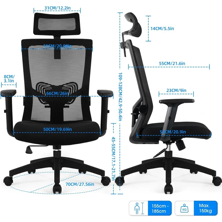 Daccormax Bürostuhl Ergonomisch, mit verstellbarer Kopfstütze, Lendenwirbelstütze & Wippfunktion, Mesh schwarz, 70 x 70 x 128 cm – Bild 3
