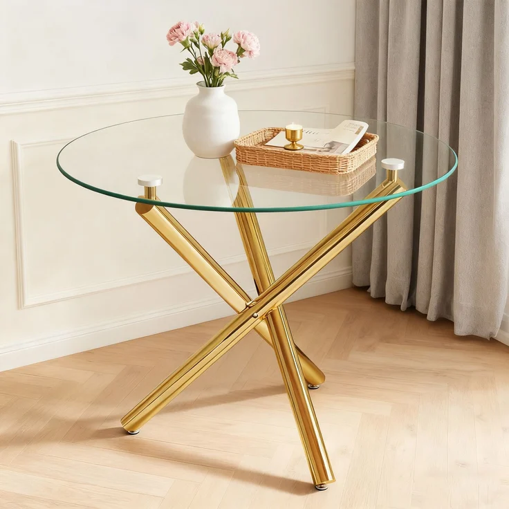 Runder Esstisch 80 x 80 x 76 cm mit Glasplatte, Metallgestell in Gold, modern und platzsparend – Bild 2
