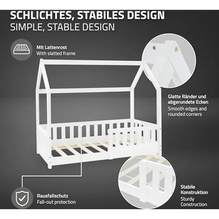 ML-DESIGN Kinderbett Hausbett Spielbett inkl. Lattenrost kreativ Bodenbett für Kinder, Abenteuerbett mit Rausfallschutz Spielbett Kiefer Weiß Himmelbett – Bild 6
