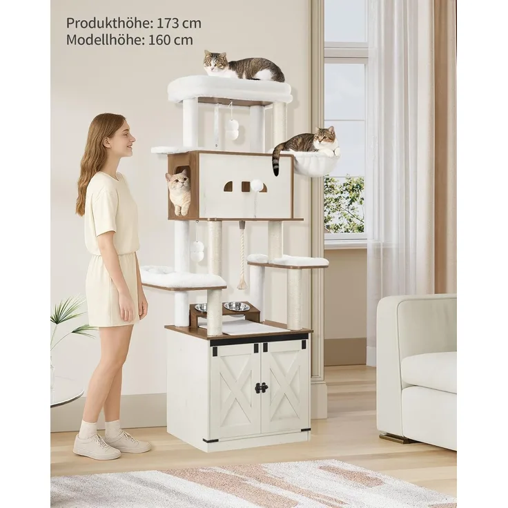 Kratzbaum, Katzenbaum mit Katzenklo Schrank, Futterstation, 173 cm Hoch, mit Großer Plattform, Sisalseil, Hängematte, Waschbares Kissen, Plüschbälle, Weiß und Braun