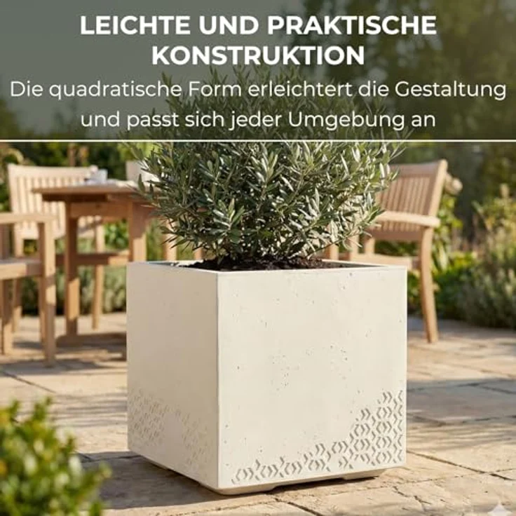 LAMELA Pflanzkübel mit Rollen 40 cm, 36L – Blumentopf aus Kunststoff in Betonoptik – Übertopf mit Wasserablauf – Modern für Innen & Außen - Wetterfest & Pflegeleicht, Creme – Bild 5