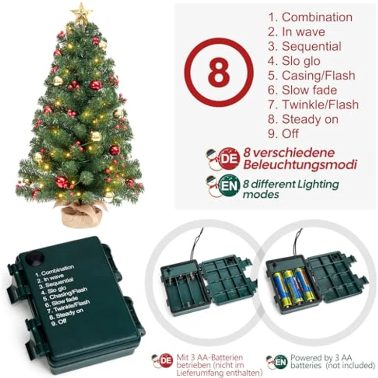 Yorbay Künstlicher Weihnachtsbaum Mini Weihnachtsbaum mit warmweiß LEDs, 8 Licht Modi, Batterie betrieben, für Weihnachten, Advent, künstlich, Geschmückt – Bild 5