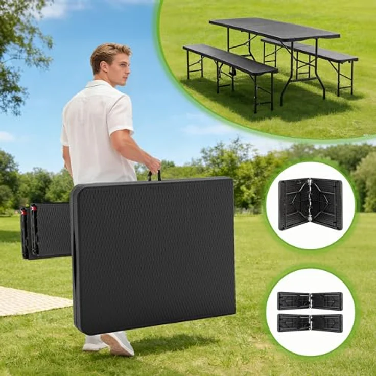 Ball & Cast Bierzeltgarnitur 3-teilig, Biertisch Klapptisch mit 2 Sitzbänken, Bierzeltgarnitur Klappbar Kunststoff, 180 cm, Schwarz – Bild 6