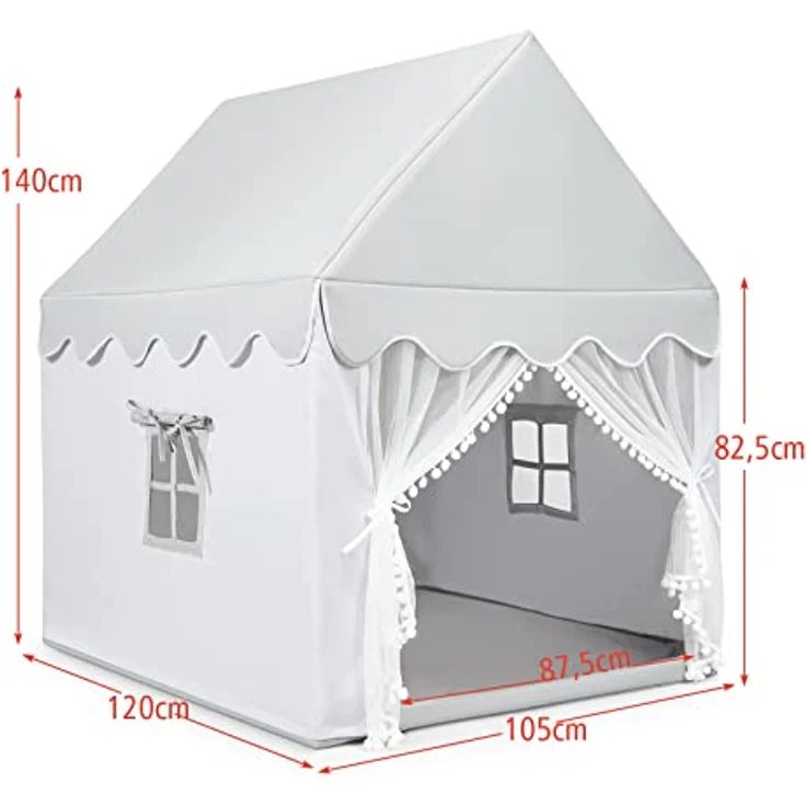 COSTWAY Prinzess Prinzessin Kinderzelt, Stoffzelt / Massivholzrahmen / Baumwolldecke grau, 120 x 105 x 140 cm – Bild 7
