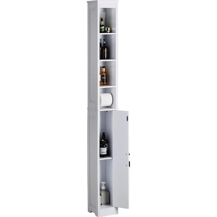 VECELO Badezimmerschrank, hoch, mit verstellbaren Regalen und offenen Fächern, mit integriertem Toilettenpapierhalter, 20 x 20 x 180 cm, Weiß – Bild 7