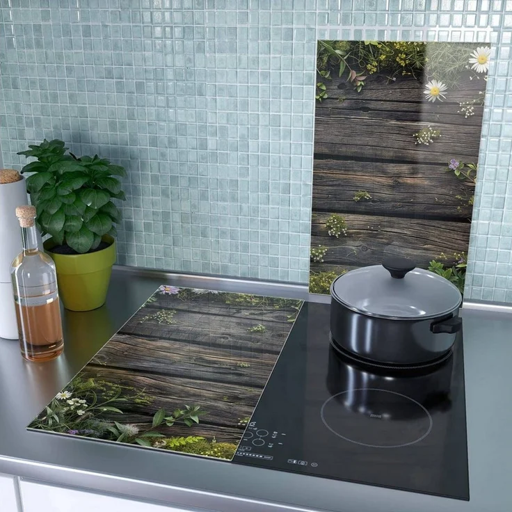 Primedeco Herd-Abdeckplatte Herdabdeckplatte Spritzschutz aus Glas Holz mit Blumen, Glas, (2 tlg) – Bild 3