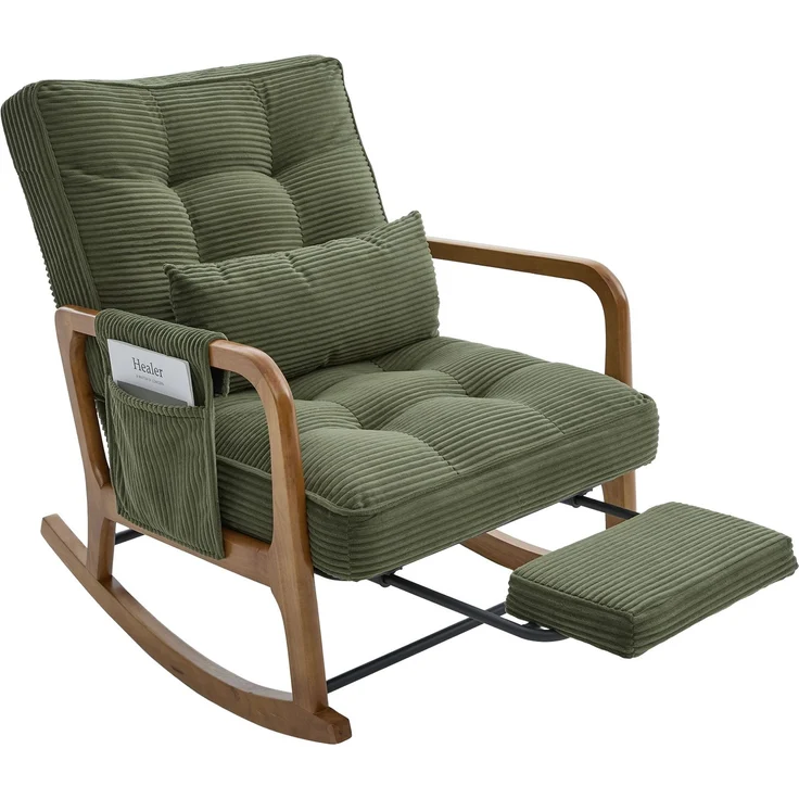 LVHOM Schaukelstuhl mit ausziehbarer Fußstütze, Relaxsessel mit verstellbare Rückenlehne, Loungesessel mit Seitentasche, bis 150 kg belastbar, Grün – Bild 1
