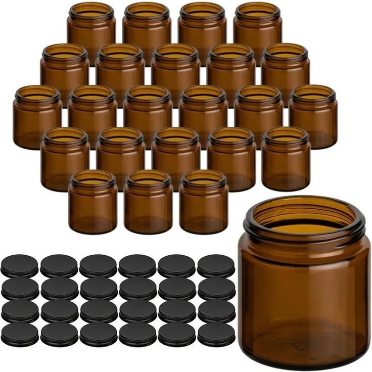 gouveo Make-Up Organizer Cremetiegel aus Braunglas mit Schraubdeckel - Leere Cremedose aus Glas, 24-tlg, 120ml/schwarz-matt, Schutz für lichtempfindlichen Inhalt