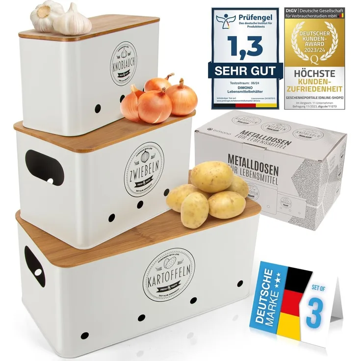 Dimono Aufbewahrungsbox Dimono 3er Vorratsbox Set–Gemüseaufbewahrung für Kartoffeln & Zwiebel (Frischhaltedose, Lebensmittel-Box), Ideal für Zwiebeln, Kartoffeln & Knoblauch
