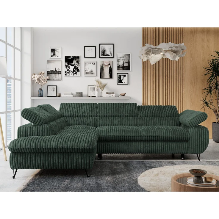 Mks Möbel 'Peter L-form' Ecksofa mit Bettfunktion, Bettkasten & einstellbaren Kopfstützen, Grün, Cord, mit Topper, links – Bild 1