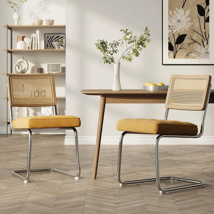 COLAMY Rattan Esstischstühle 2er Set, Samtbezug mit Metallgestell, Gelb – Bild 1