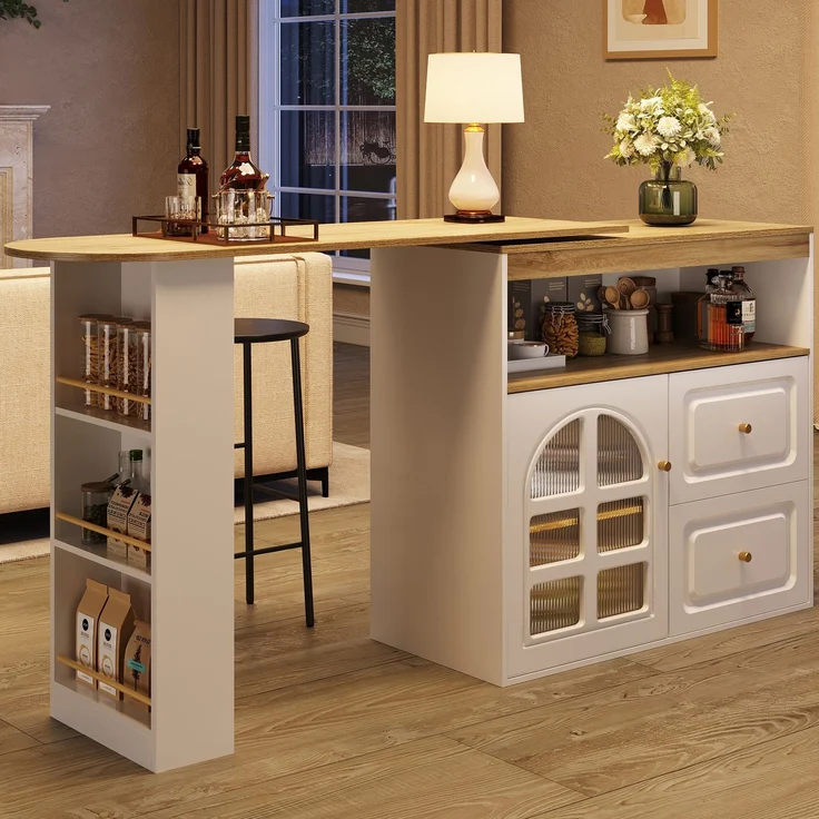 Stehtisch ausziehbar MDF Glastür Schubladen Snackregal 360°-Drehbar Sideboard Küchenwagen Wohnzimmertisch – Bild 1