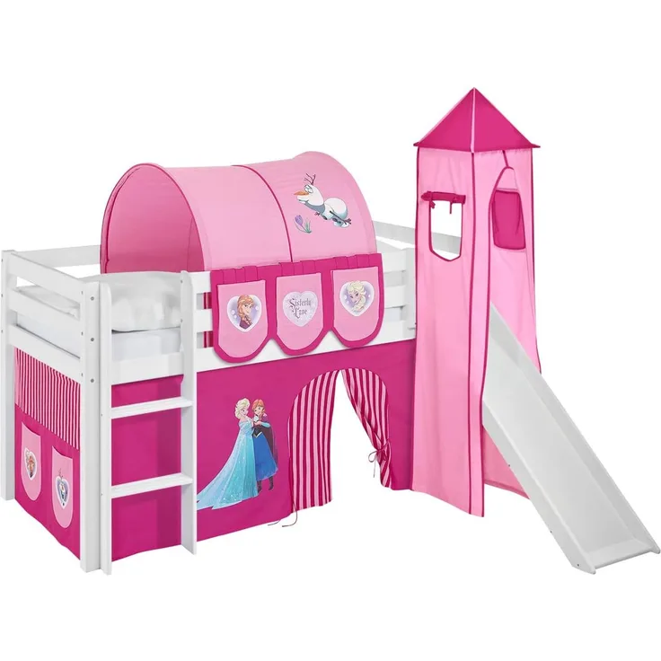 Lilokids 'Jelle' Spielbett 90x190 cm, Eiskönigin Rosa, Kiefer massiv, mit Turm, Rutsche und Vorhang