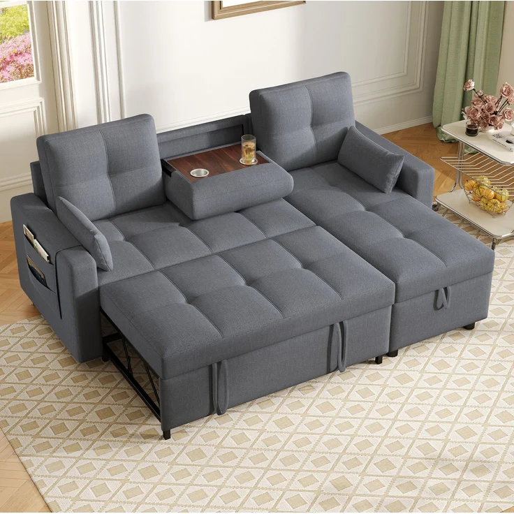 DESVIAE Schlafsofa L-Form mit Stauraum und Getränkehaltern 211x136x87 cm Leinenoptik Grau – Bild 3