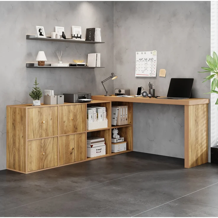 Drehbarer Schreibtisch aus MDF mit 8 Staufächern, 120x48x78 cm, Eichenoptik – Bild 1