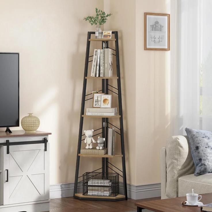 YITAHOME 5-Stöckiges Eck-Bücherregal - Industrielles Freistehendes Leiter-Bücherregal, Modernes Offenes Holzregal für Wohnzimmer, Diele, Home Office, Eiche – Bild 1