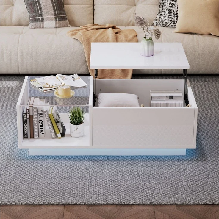 Merax Couchtisch höhenverstellbar Sofatisch mit Hebefunktion und Stauraum (1-St, 100x50x (33-46.5) cm), Beistelltisch Wohnzimmertisch mit Hochglanz-Oberfläche und LED – Bild 1