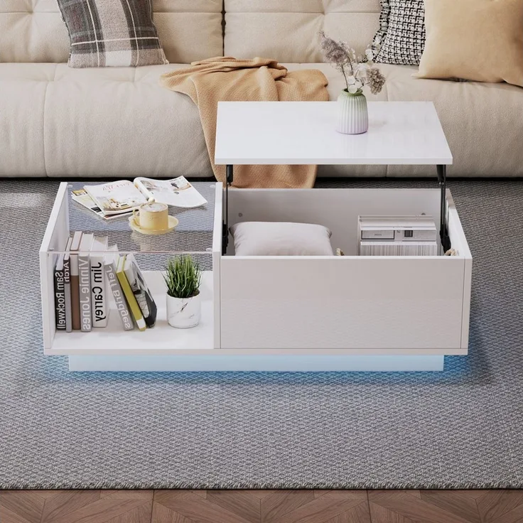 Merax Couchtisch höhenverstellbar Sofatisch mit Hebefunktion und Stauraum (1-St, 100x50x (33-46.5) cm), Beistelltisch Wohnzimmertisch mit Hochglanz-Oberfläche und LED
