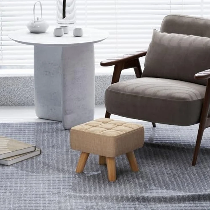 HOMCOM Fußhocker mit Leinenoptik, Holzbeine (Moderner Sitzhocker, 1 St, Polsterhocker), für Schlafzimmer, Wohnzimmer, Braun – Bild 7