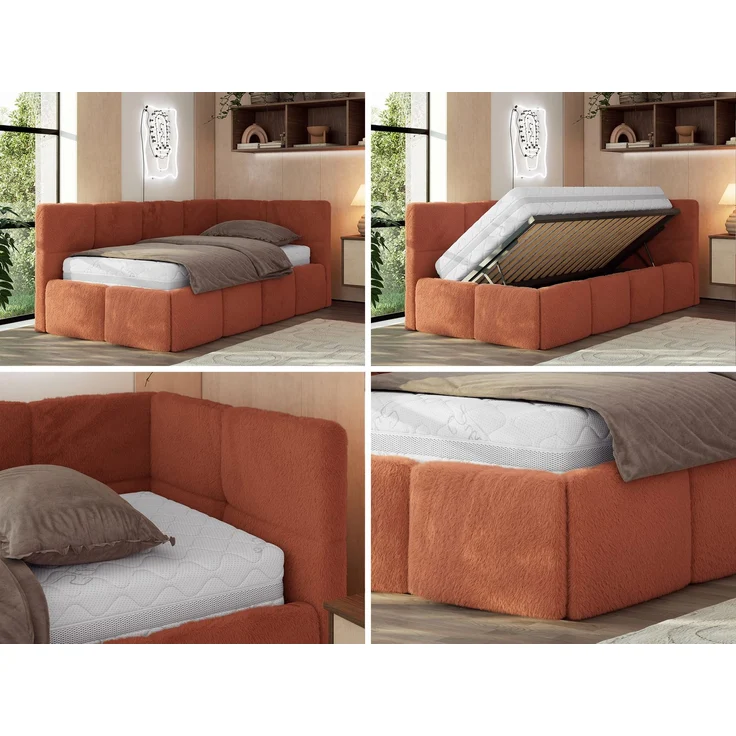 Jugendbett 90x200 ARVO Polsterbett mit Bettkasten, Stauraum & Gasdruckfeder, Modernes Design mit Kopfteil, Foam Matratze - Orange Plüsch - MIRO LUX - Rechts Seite – Bild 2